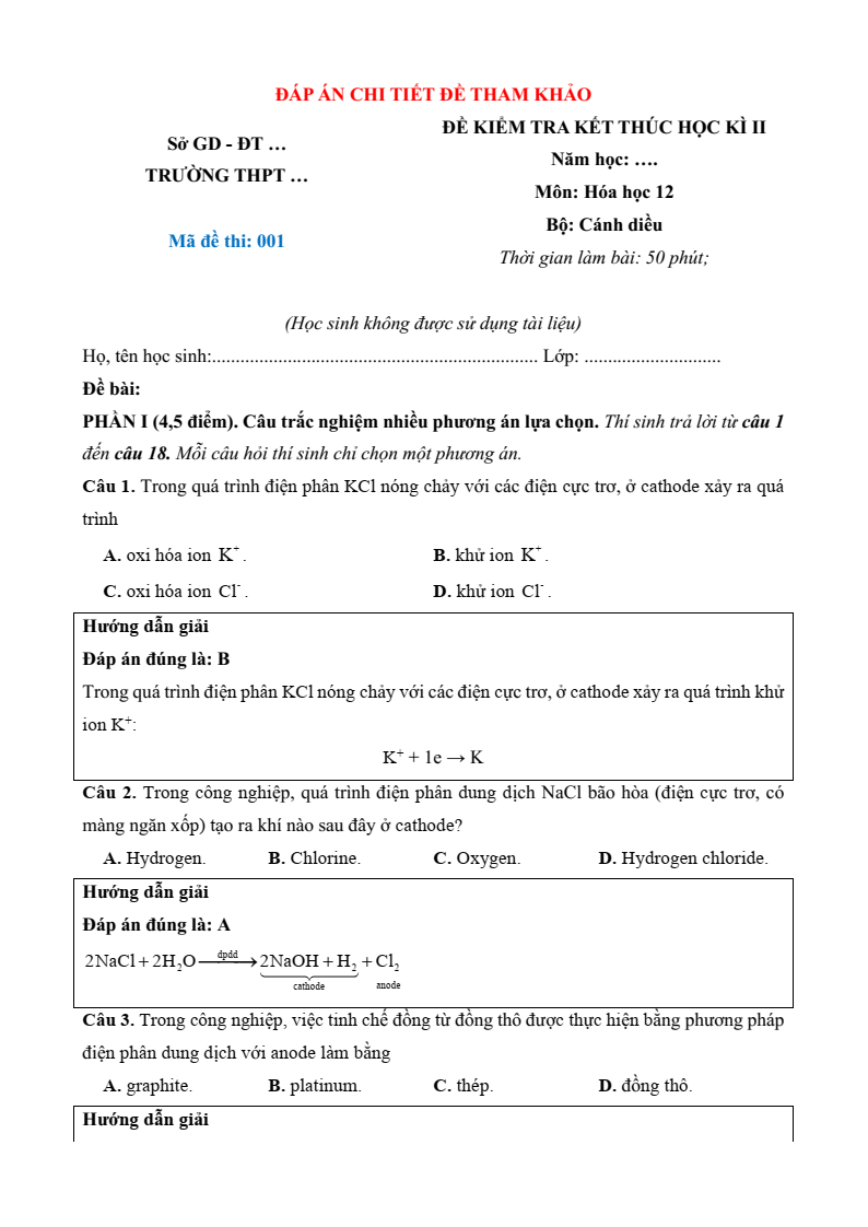 3 Đề thi Học kì 2 Hóa học 12 Cánh diều (cấu trúc mới, có đáp án)