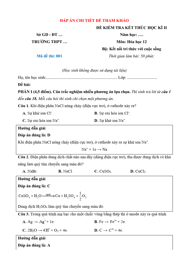 3 Đề thi Học kì 2 Hóa học 12 Kết nối tri thức (cấu trúc mới, có đáp án)