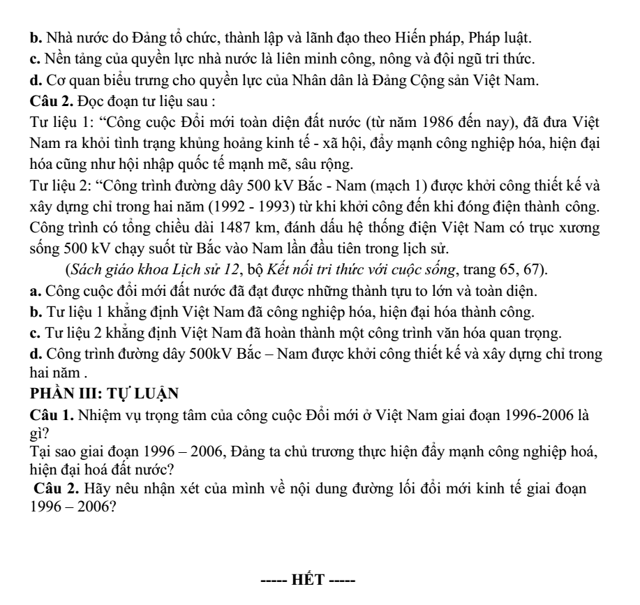 Đề thi Học kì 1 Lịch Sử 12 năm 2024-2025 trường THPT Quế Sơn (Quảng Nam)