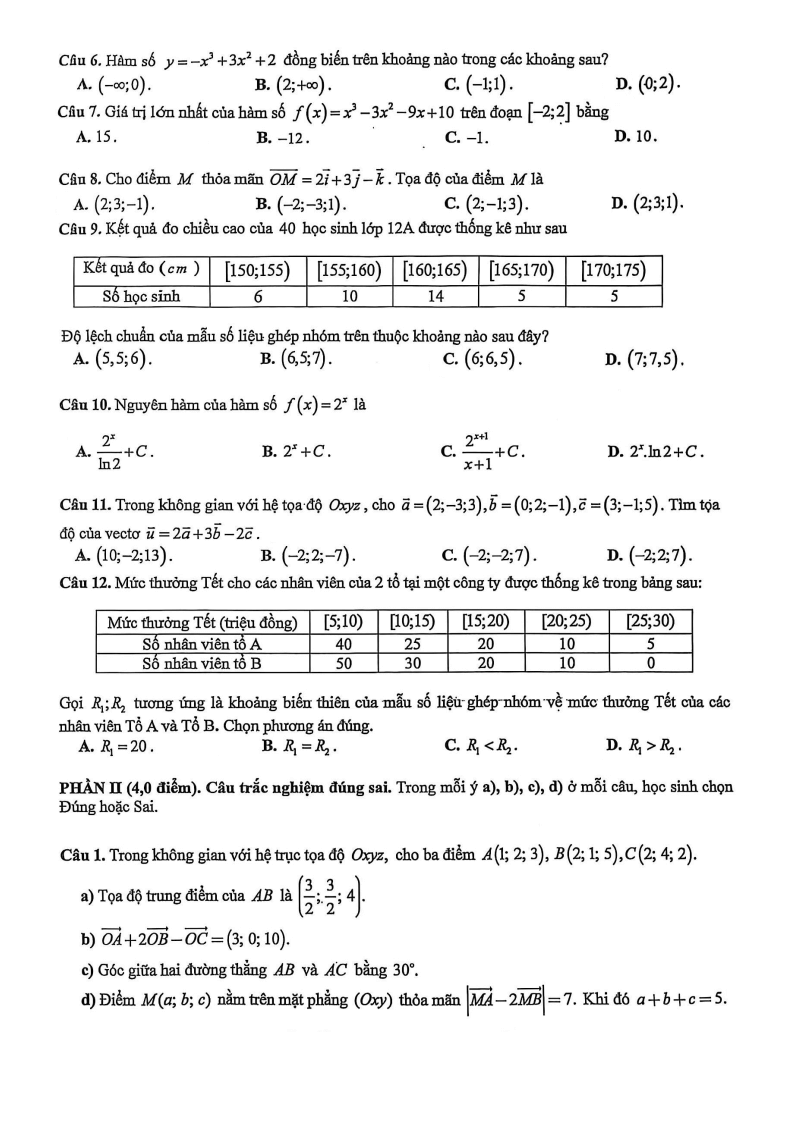 Đề thi Học kì 1 Toán 12 trường chuyên ĐH Vinh (Nghệ An) năm 2025-2026