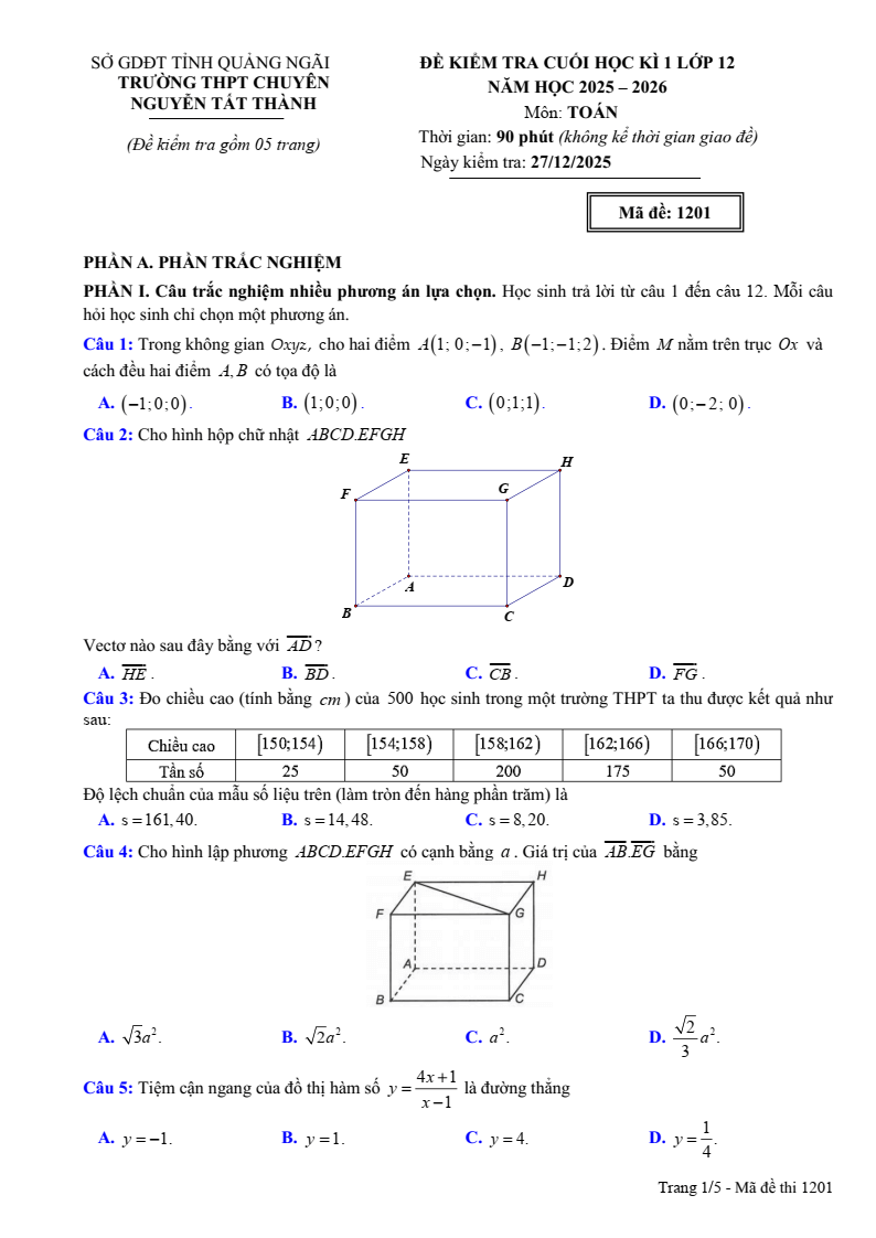 Đề thi Học kì 1 Toán 12 trường chuyên Nguyễn Tất Thành (Quảng Ngãi) năm 2025-2026