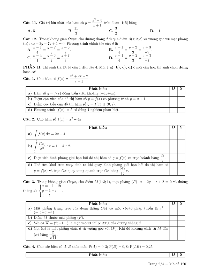 Đề thi Học kì 1 Toán 12 trường Lương Thế Vinh (Hà Nội) năm 2025-2026