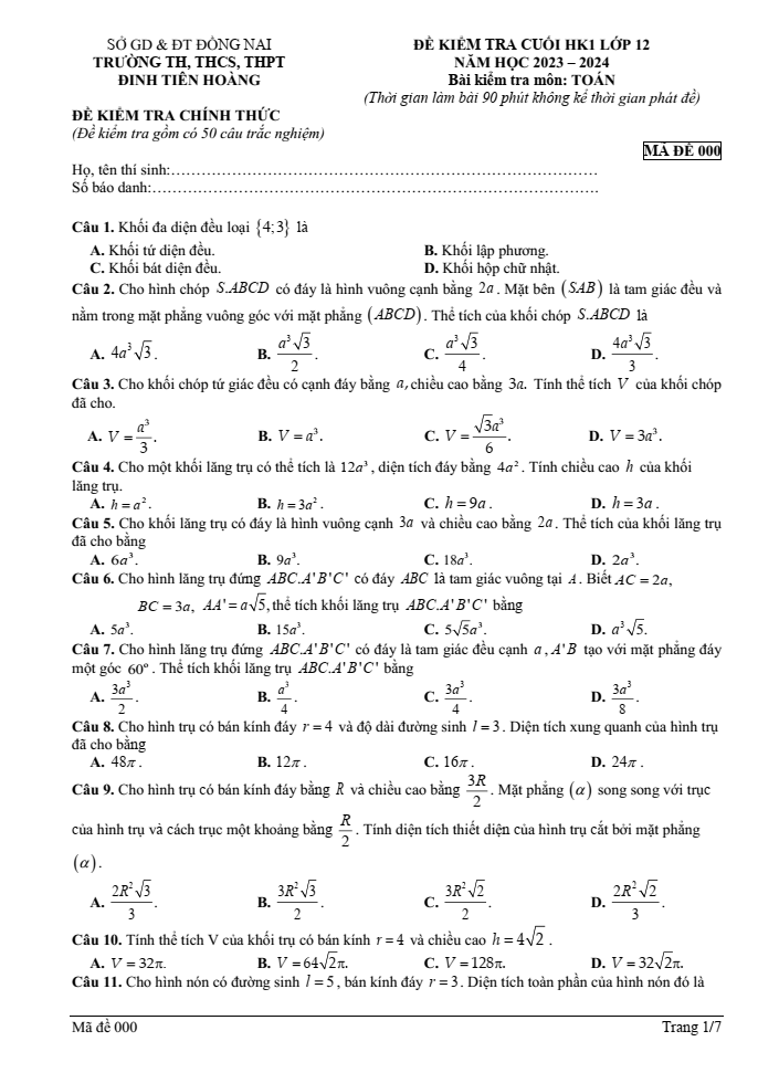 Đề thi Học kì 1 Toán 12 năm 2023-2024 trường Đinh Tiên Hoàng (Đồng Nai)