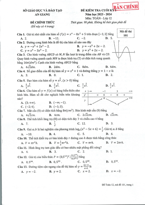 Đề thi Học kì 1 Toán 12 năm 2023-2024 sở GD&ĐT An Giang