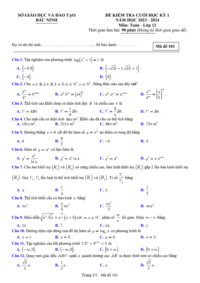 Đề thi học kì 1 Toán 12 năm 2023-2024 sở GD&ĐT Bắc Ninh