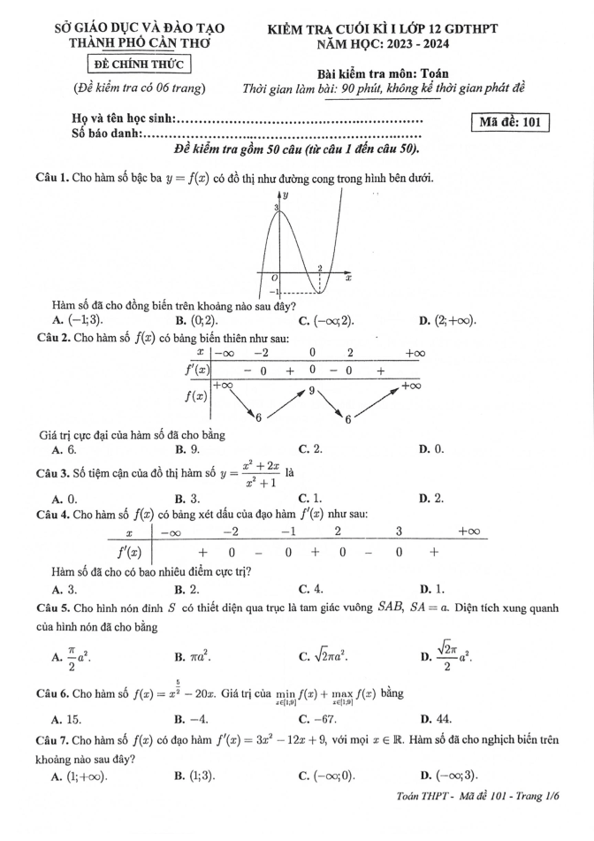 Đề thi học kì 1 Toán 12 năm 2023-2024 sở GD&ĐT Cần Thơ