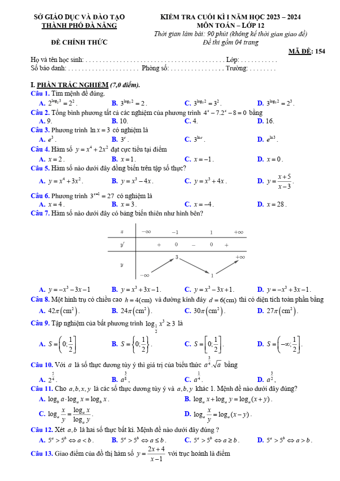 Đề thi Học kì 1 Toán 12 năm 2023-2024 sở GD&ĐT Đà Nẵng