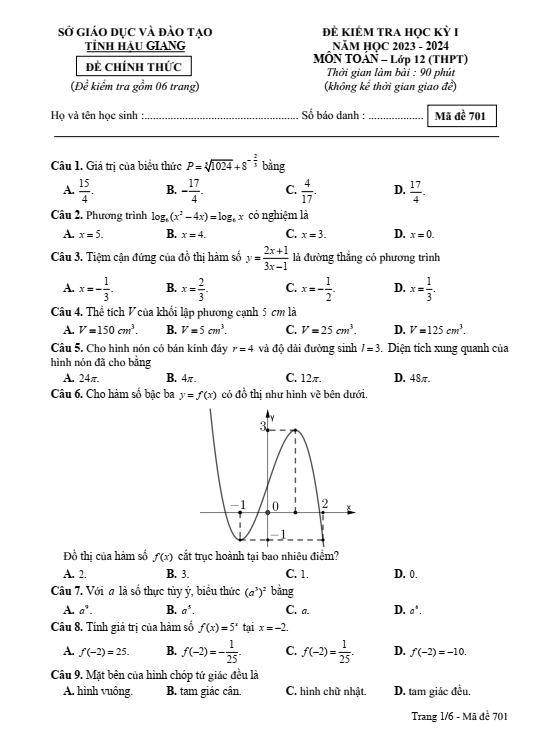 Đề thi học kì 1 Toán 12 năm 2023-2024 sở GD&ĐT Hậu Giang