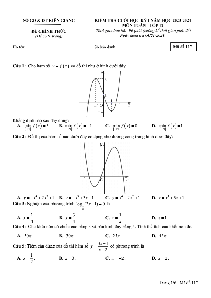 Đề thi học kì 1 Toán 12 năm 2023-2024 sở GD&ĐT Kiên Giang
