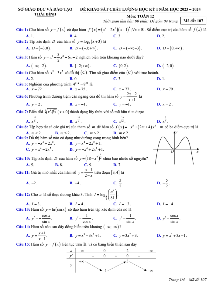 Đề thi học kì 1 Toán 12 năm 2023-2024 sở GD&ĐT Thái Bình