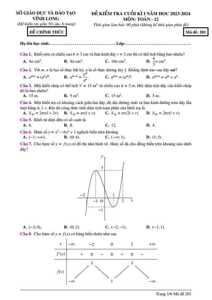 Đề thi học kì 1 Toán 12 năm 2023-2024 sở GD&ĐT Vĩnh Long