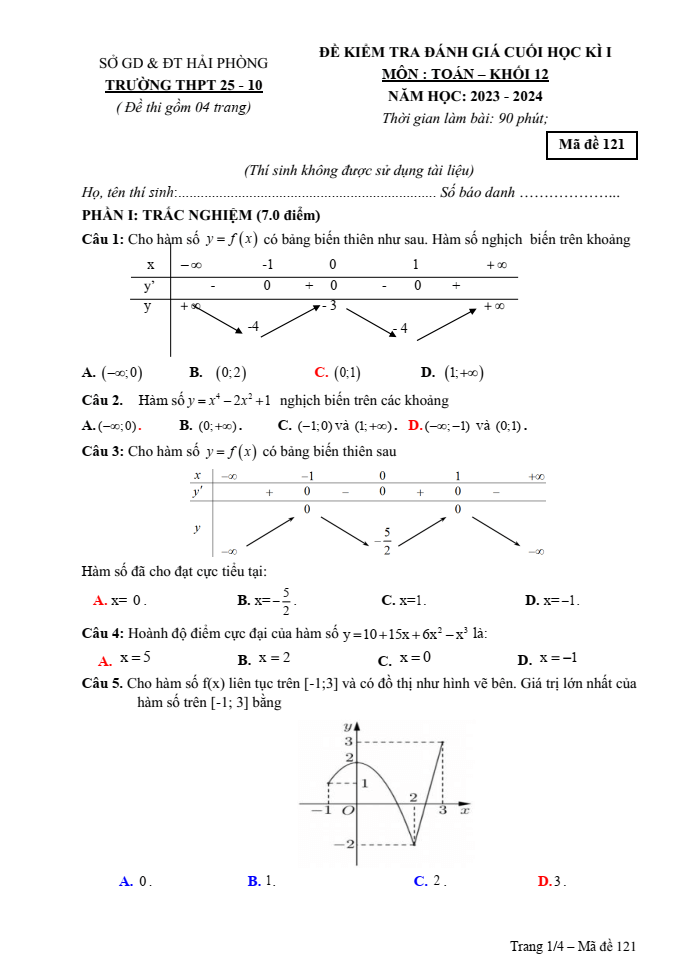 Đề thi Học kì 1 Toán 12 năm 2023-2024 trường THPT 25-10 (Hải Phòng)