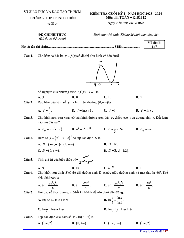 Đề thi Học kì 1 Toán 12 năm 2023-2024 trường THPT Bình Chiểu (TPHCM)