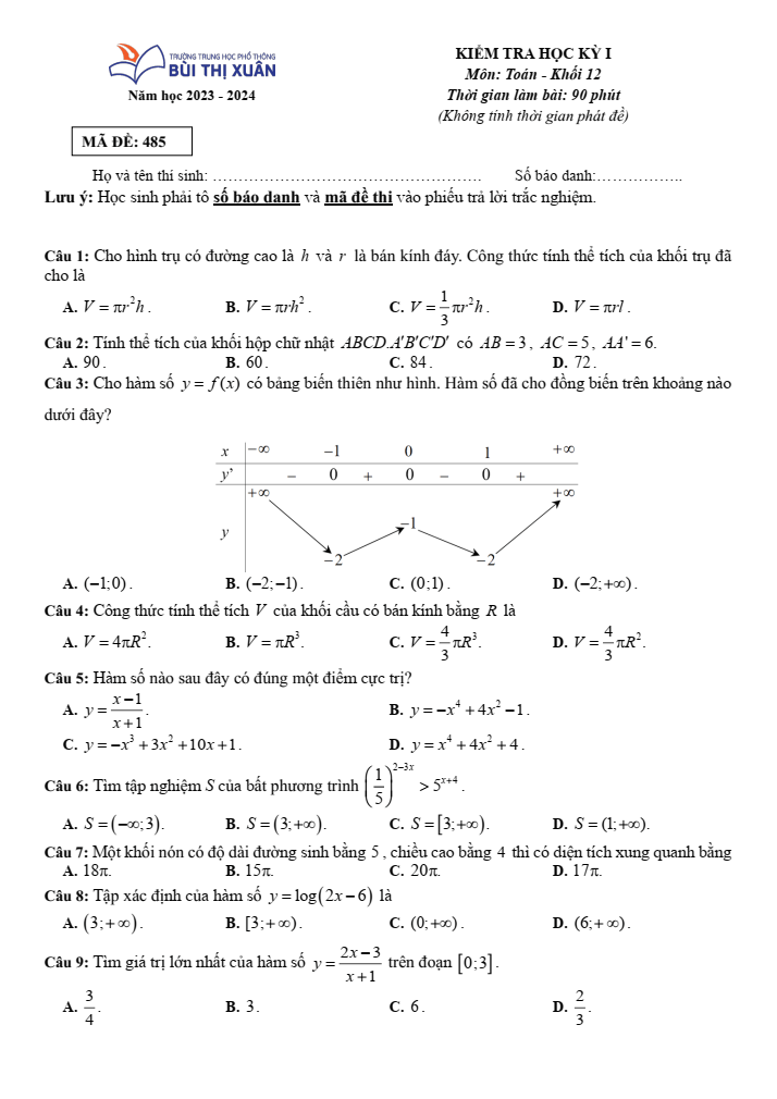 Đề thi Học kì 1 Toán 12 năm 2023-2024 trường THPT Bùi Thị Xuân (TPHCM)