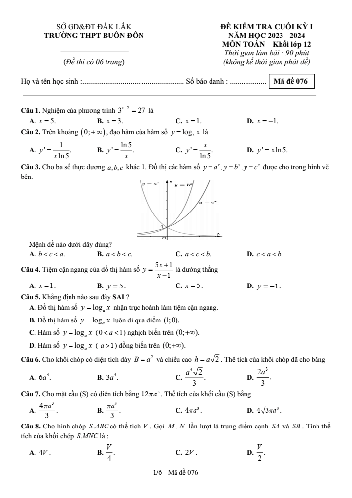 Đề thi học kì 1 Toán 12 năm 2023-2024 trường THPT Buôn Đôn (Đắk Lắk)