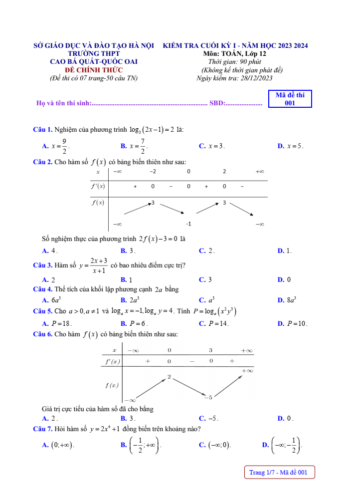 Đề thi học kì 1 Toán 12 năm 2023-2024 trường THPT Cao Bá Quát (Hà Nội)
