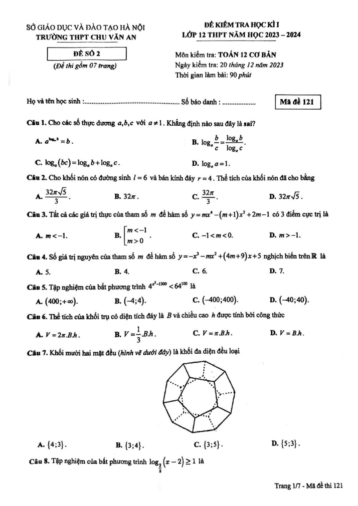 Đề thi học kì 1 Toán 12 năm 2023-2024 trường THPT Chu Văn An (Hà Nội)
