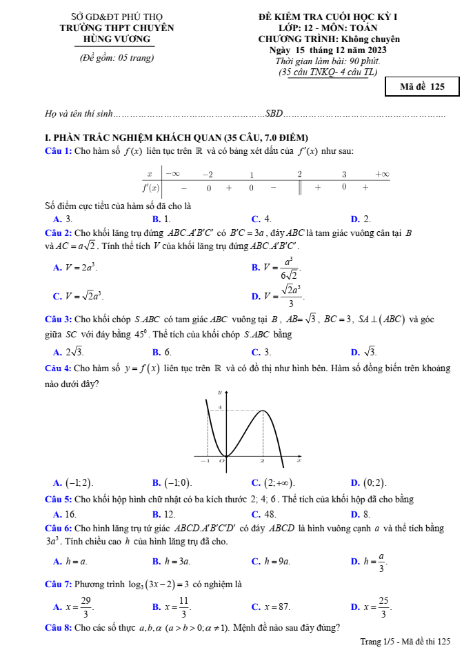 Đề thi Học kì 1 Toán 12 năm 2023-2024 trường THPT chuyên Hùng Vương (Phú Thọ)