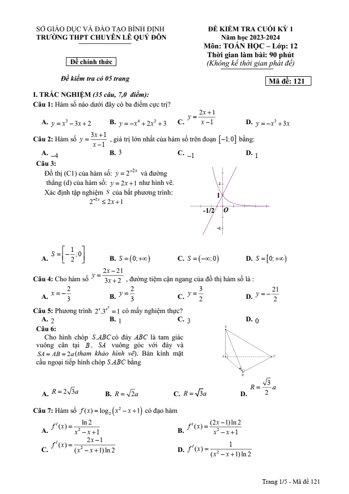 Đề thi Học kì 1 Toán 12 năm 2023-2024 trường THPT chuyên Lê Quý Đôn (Bình Định)