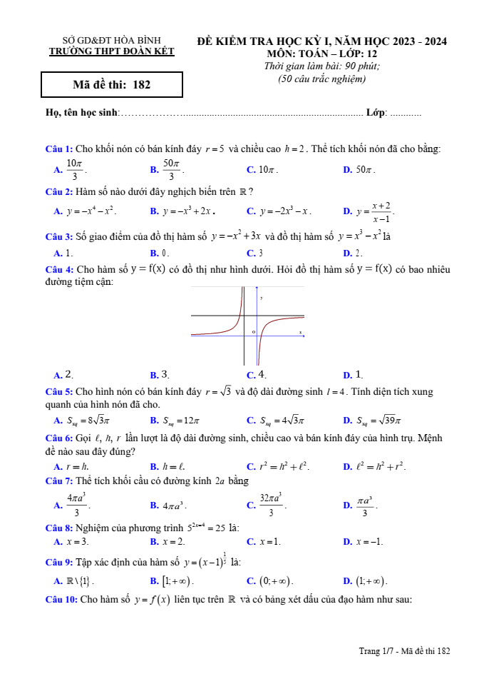 Đề thi học kì 1 Toán 12 năm 2023-2024 trường THPT Đoàn Kết (Hòa Bình)