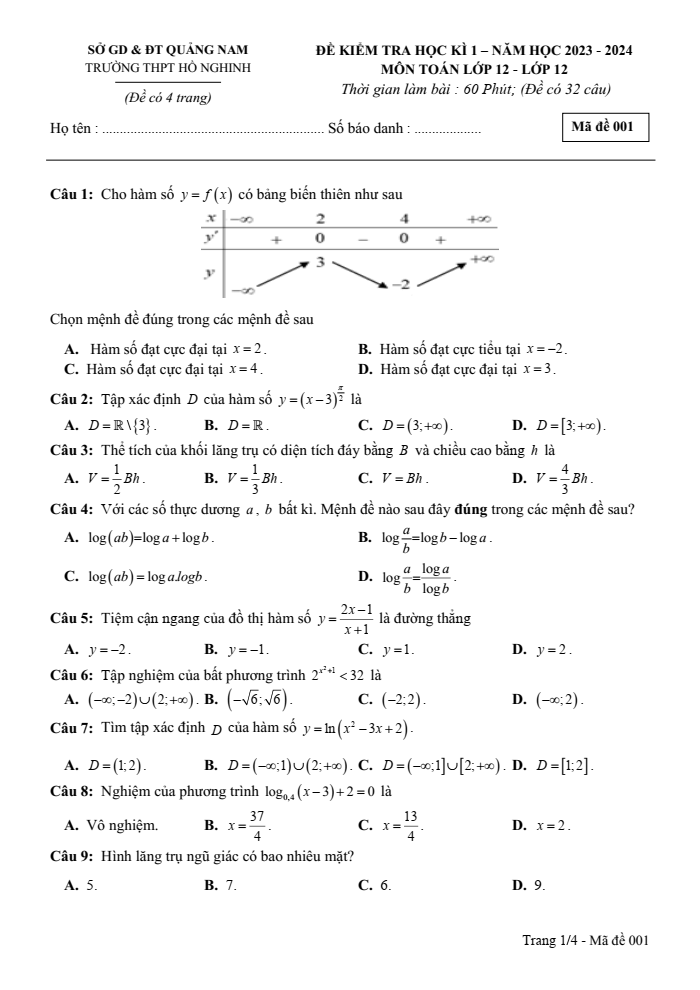 Đề thi học kì 1 Toán 12 năm 2023-2024 trường THPT Hồ Nghinh (Quảng Nam)