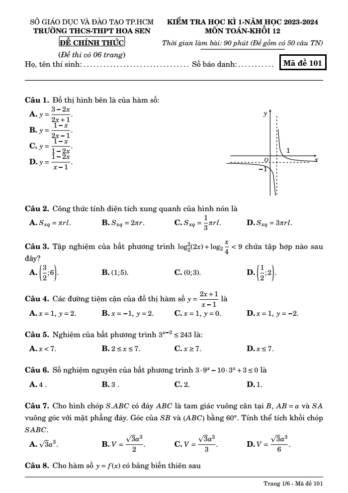 Đề thi Học kì 1 Toán 12 năm 2023-2024 trường THCS – THPT Hoa Sen (TPHCM)
