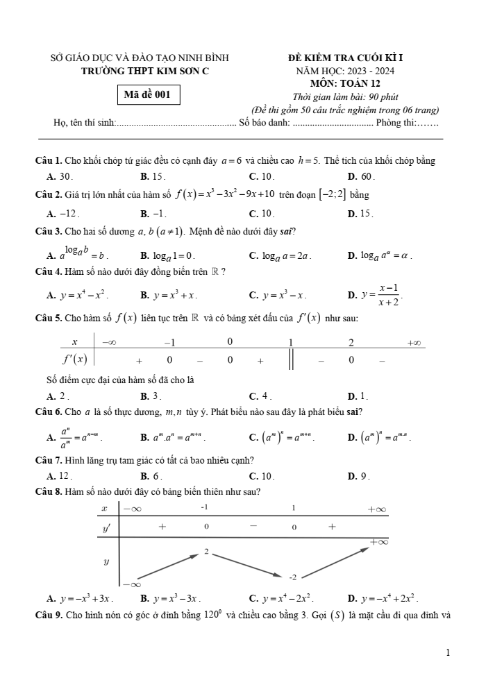 Đề thi học kì 1 Toán 12 năm 2023-2024 trường THPT Kim Sơn C (Ninh Bình)