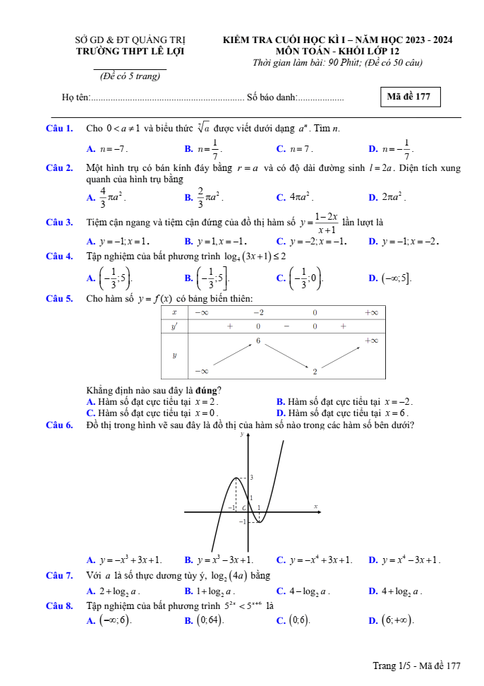 Đề thi Học kì 1 Toán 12 năm 2023-2024 trường THPT Lê Lợi (Quảng Trị)