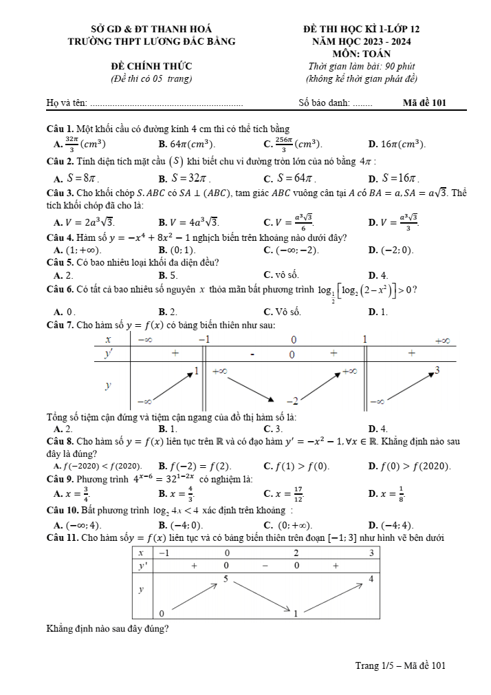 Đề thi học kì 1 Toán 12 năm 2023-2024 trường THPT Lương Đắc Bằng (Thanh Hóa)