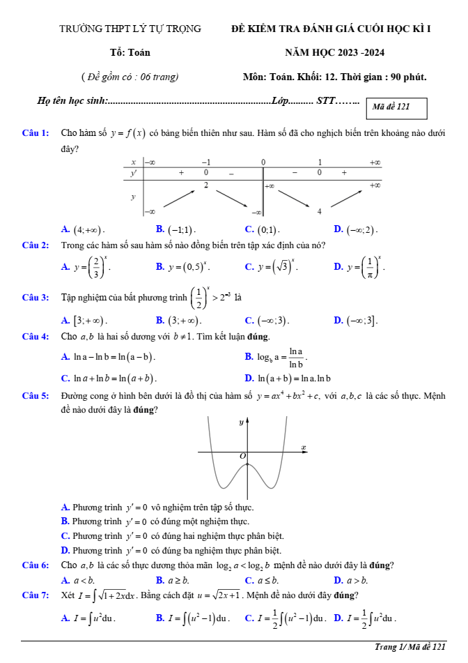 Đề thi học kì 1 Toán 12 năm 2023-2024 trường THPT Lý Tự Trọng (Khánh Hòa)