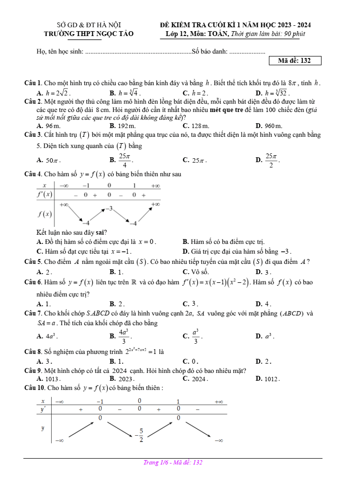 Đề thi học kì 1 Toán 12 năm 2023-2024 trường THPT Ngọc Tảo(Hà Nội)