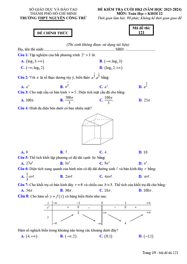 Đề thi Học kì 1 Toán 12 năm 2023-2024 trường THPT Nguyễn Công Trứ (TPHCM)