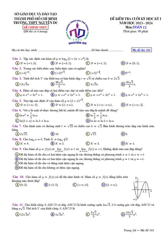Đề thi Học kì 1 Toán 12 năm 2023-2024 trường THPT Nguyễn Du (TPHCM)
