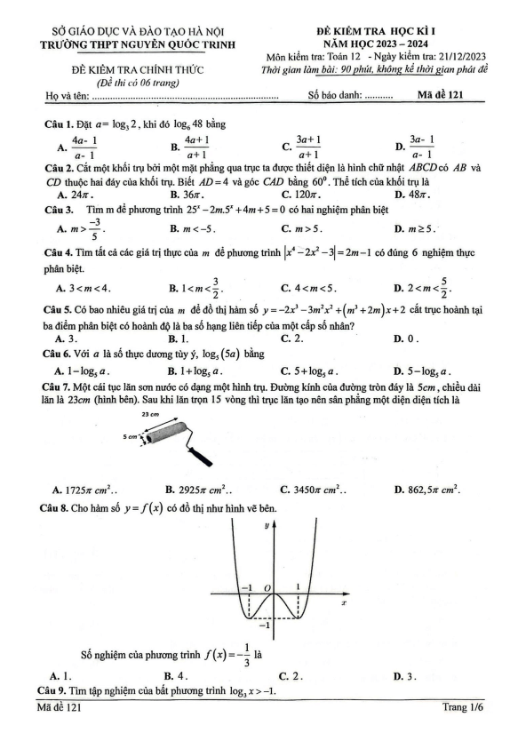 Đề thi học kì 1 Toán 12 năm 2023-2024 trường THPT Nguyễn Quốc Trinh (Hà Nội)