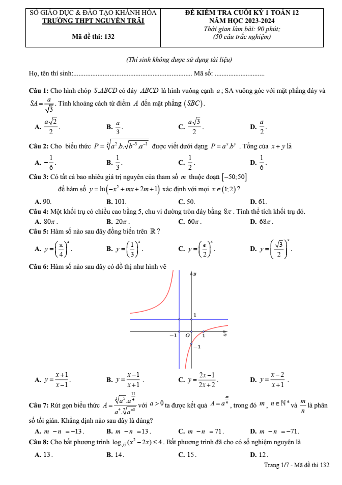 Đề thi học kì 1 Toán 12 năm 2023-2024 trường THPT Nguyễn Trãi (Khánh Hòa)