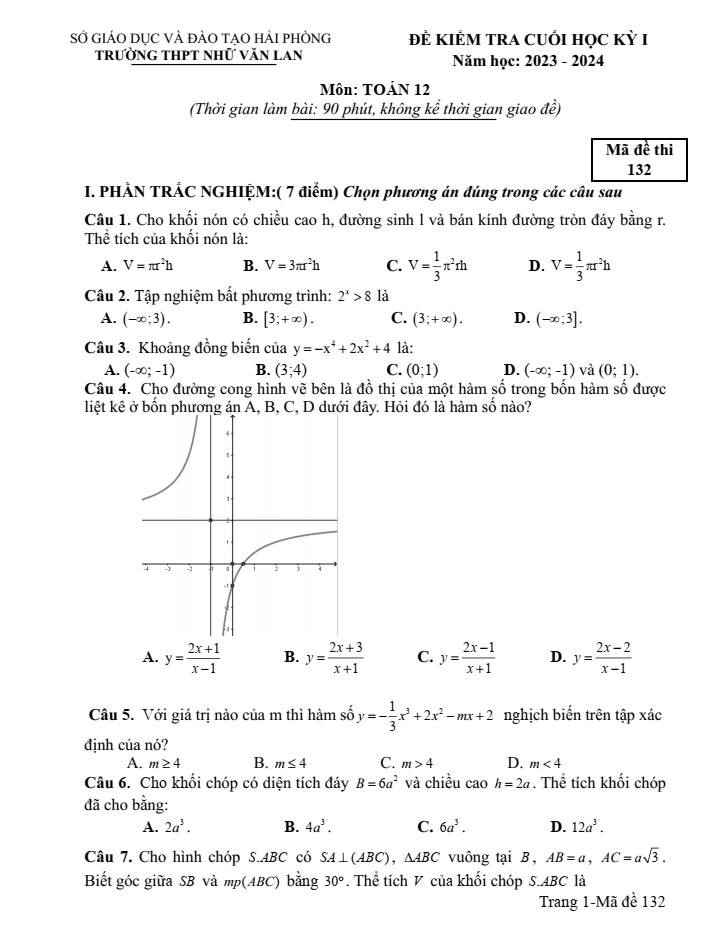 Đề thi học kì 1 Toán 12 năm 2023-2024 trường THPT Nhữ Văn Lan(Hải Phòng)