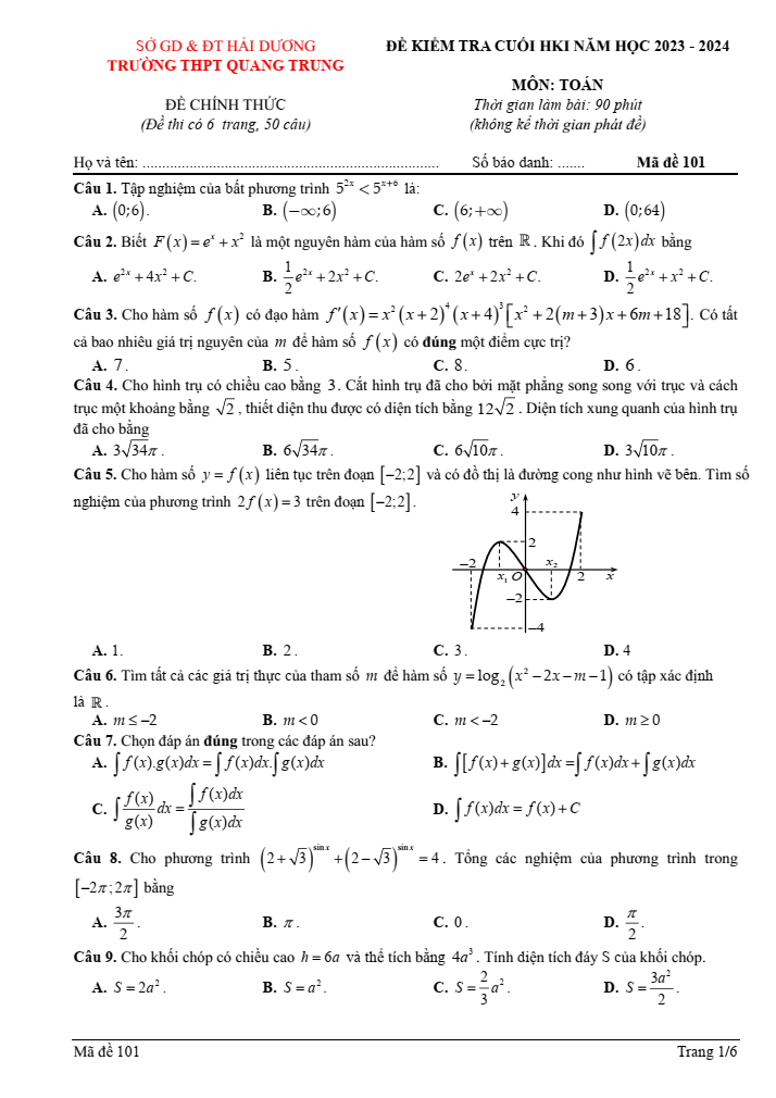 Đề thi Học kì 1 Toán 12 năm 2023-2024 trường THPT Quang Trung (Hải Dương)