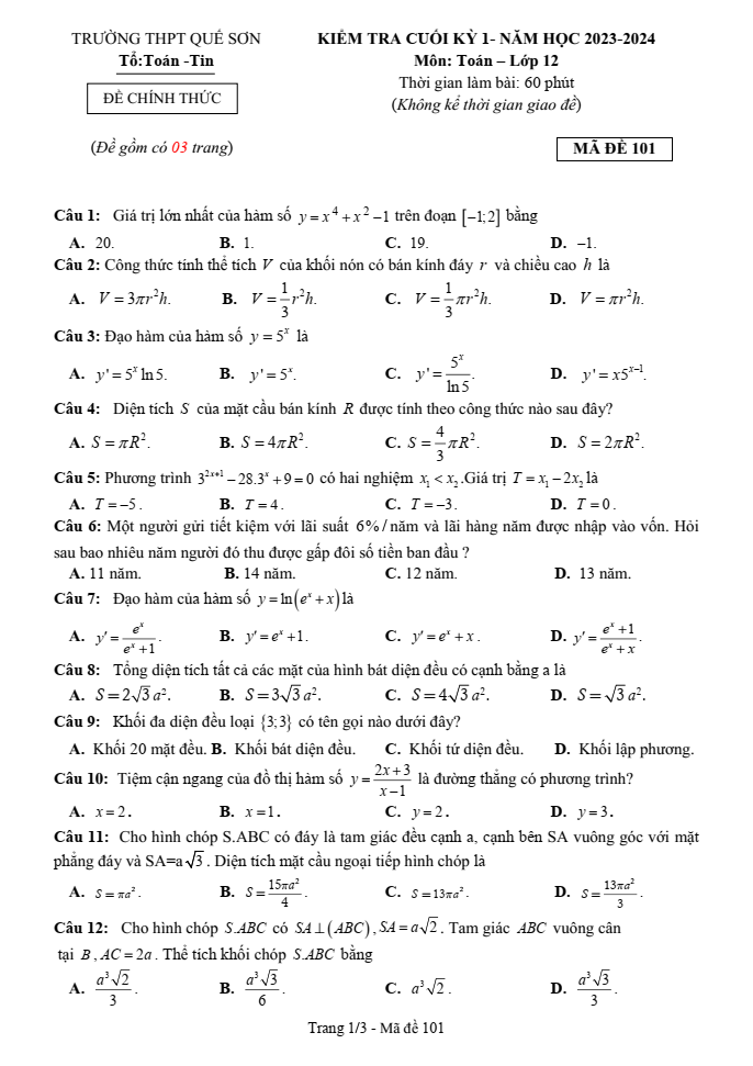 Đề thi Học kì 1 Toán 12 năm 2023-2024 trường THPT Quế Sơn (Quảng Nam)