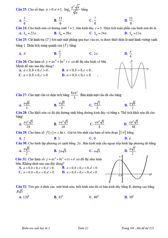 Đề thi Học kì 1 Toán 12 năm 2023-2024 trường THPT Tân Bình (TPHCM)