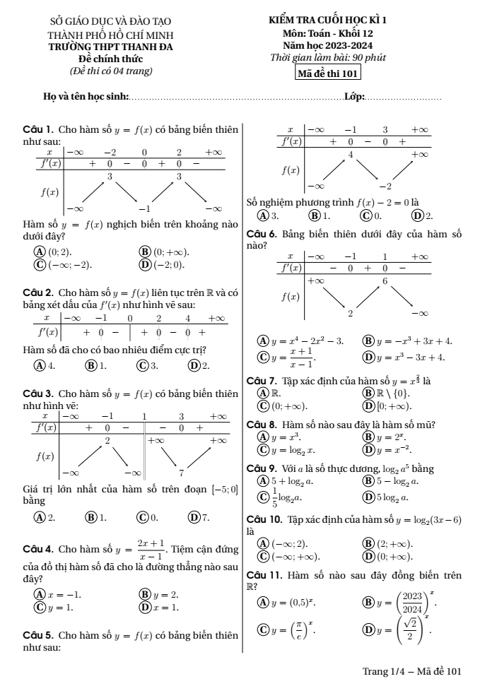Đề thi Học kì 1 Toán 12 năm 2023-2024 trường THPT Thanh Đa (TPHCM)