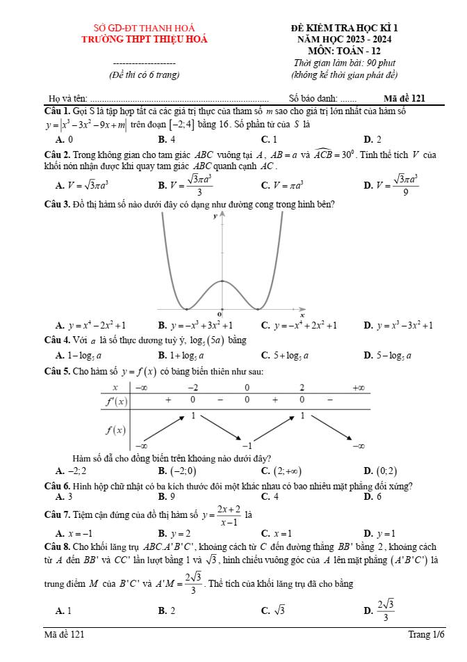 Đề thi học kì 1 Toán 12 năm 2023-2024 trường THPT Thiệu Hóa (Thanh Hóa)