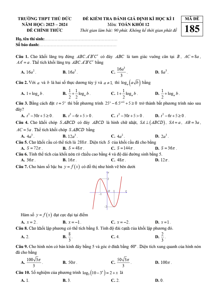 Đề thi Học kì 1 Toán 12 năm 2023-2024 trường THPT Thủ Đức(TPHCM)