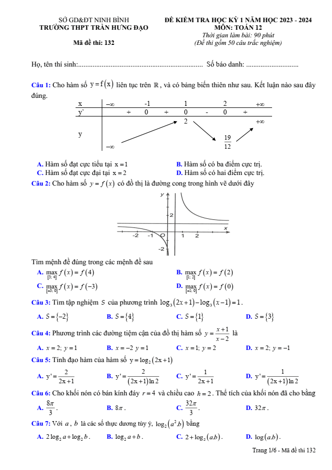 Đề thi học kì 1 Toán 12 năm 2023-2024 trường THPT Trần Hưng Đạo (Ninh Bình)