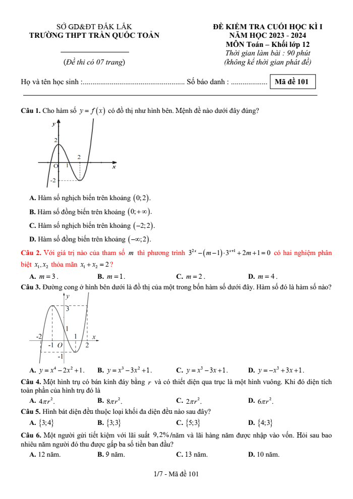 Đề thi học kì 1 Toán 12 năm 2023-2024 trường THPT Trần Quốc Toản (Đắk Lắk)