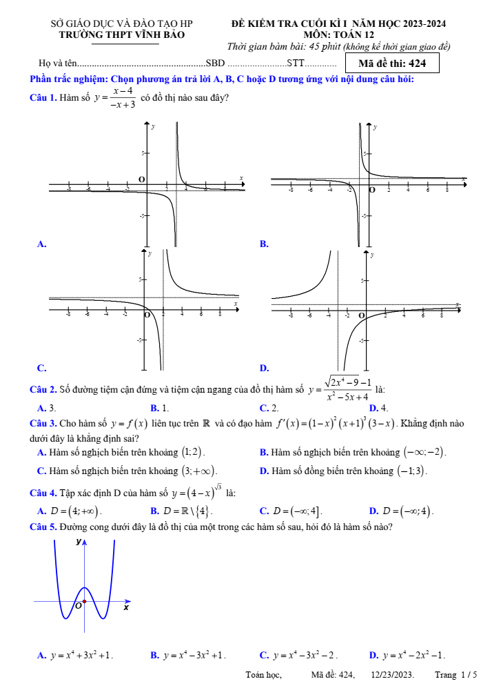 Đề thi học kì 1 Toán 12 năm 2023-2024 trường THPT Vĩnh Bảo (Hải Phòng)