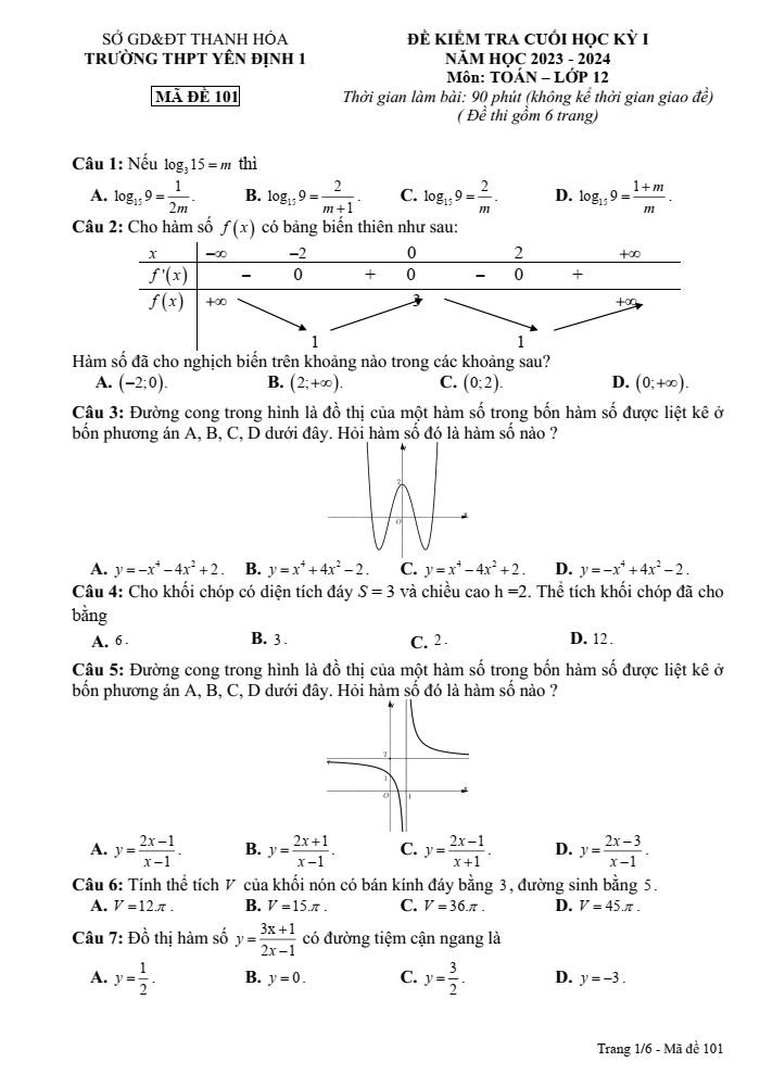 Đề thi học kì 1 Toán 12 năm 2023-2024 trường THPT Yên Định 1 (Thanh Hóa)