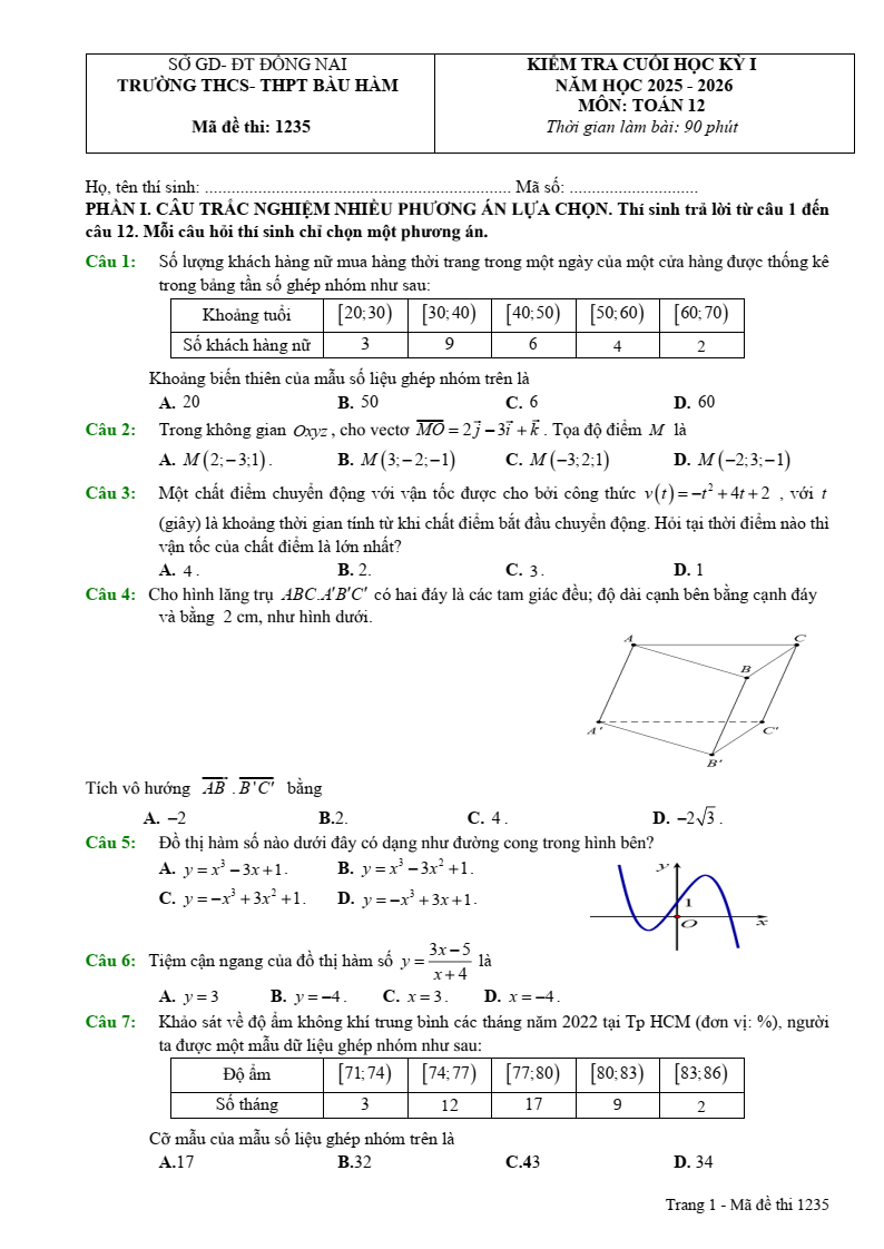 Đề thi Học kì 1 Toán 12 trường THCS-THPT Bàu Hàm (Đồng Nai) năm 2025-2026