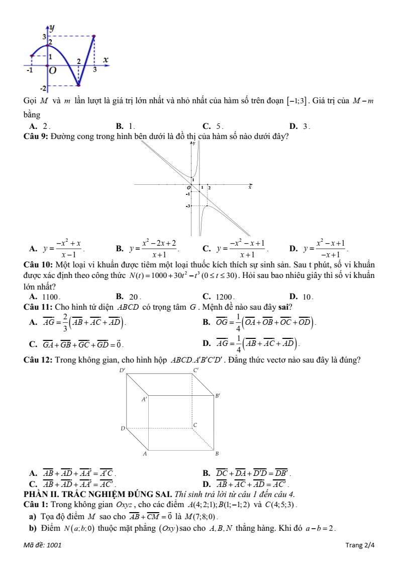 Đề thi Học kì 1 Toán 12 trường THPT B Trần Hưng Đạo (Ninh Bình) năm 2025-2026