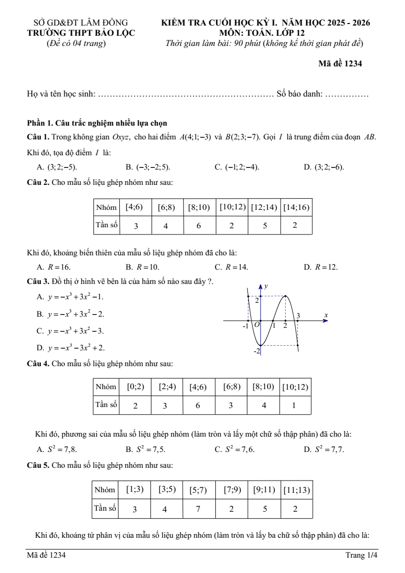 Đề thi Học kì 1 Toán 12 trường THPT Bảo Lộc (Lâm Đồng) năm 2025-2026