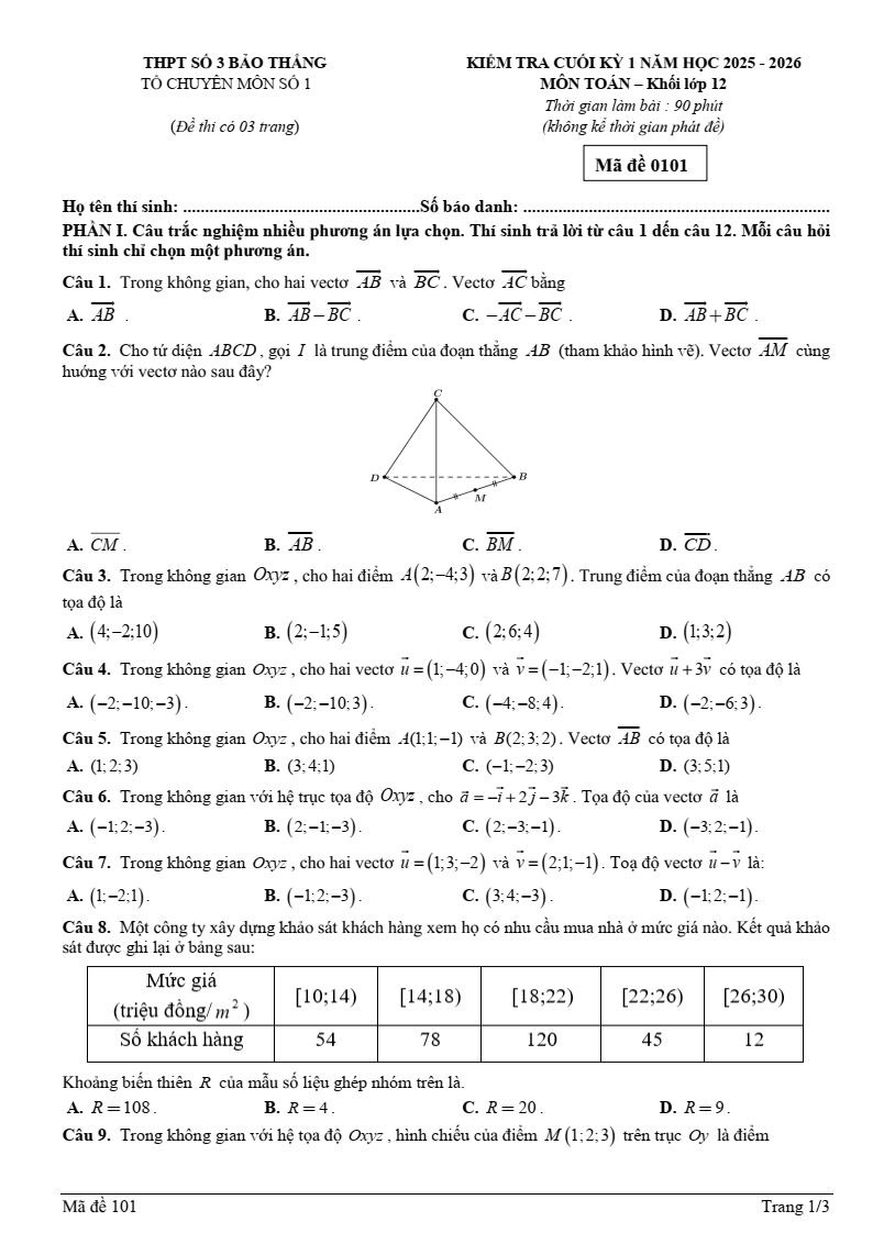 Đề thi Học kì 1 Toán 12 trường THPT Bảo Thắng 3 (Lào Cai) năm 2025-2026